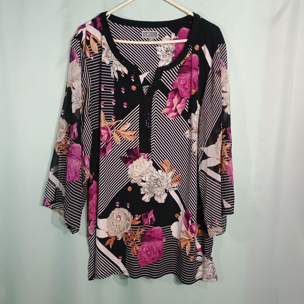 Women’s Black Pink Floral Tunic Top – Striped V-Neck Bell Sleeve Blouse